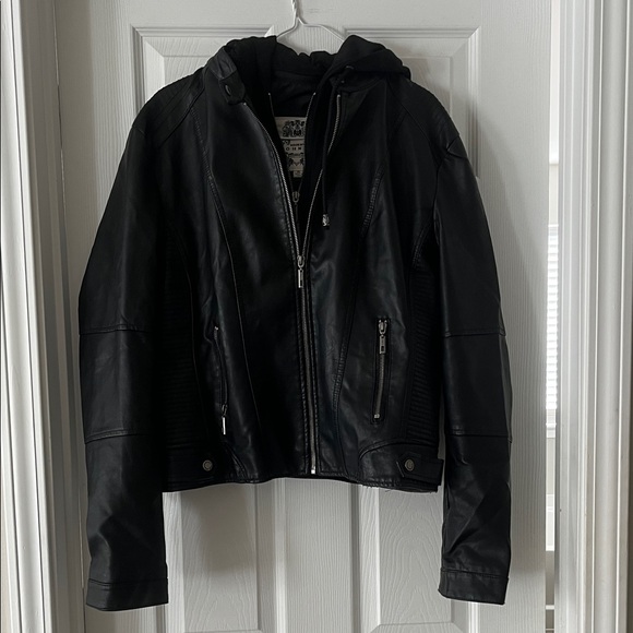 Black Faux Leather Jacket with Removable Hood - Picture 1 of 4